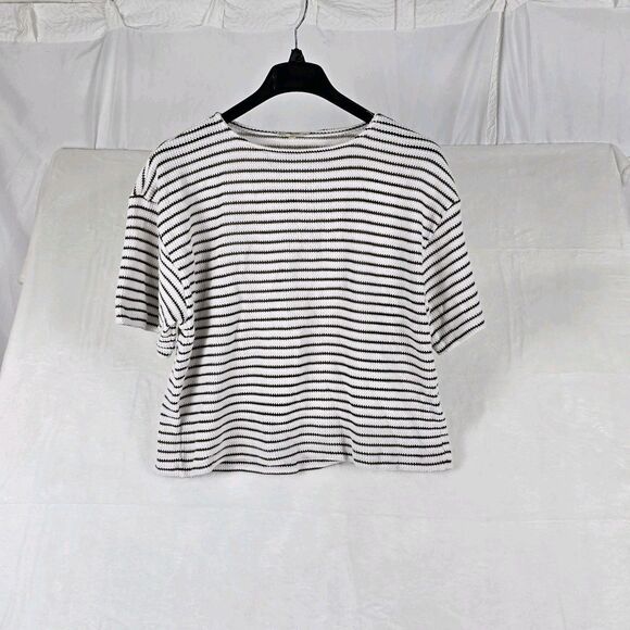 Madewell Textured Stripe Short Sleeve Sweater Top Women White Brown Size Large - Picture 4 of 12
